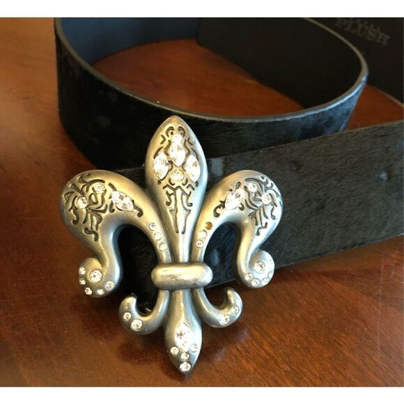 ROYAL PLUSH - L Sz M 31-34 Cowhair & Leather w/Pewter Rhinestones Fleur-de-lis - Picture 3 of 9